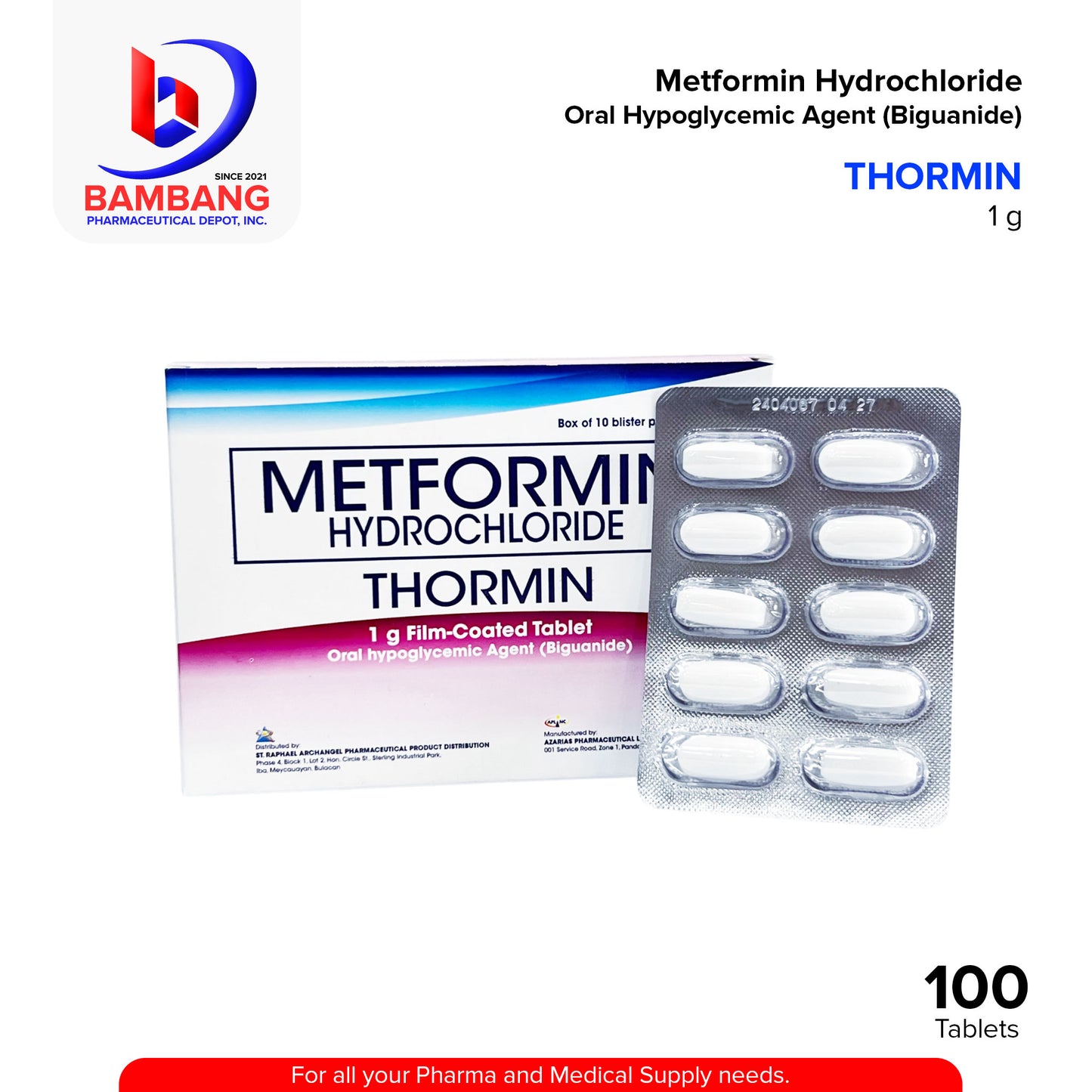 THORMIN Metformin Hydrochloride Oral Hypoglycemic Agent Biguanide 1 g Film Coated Tablet 10's