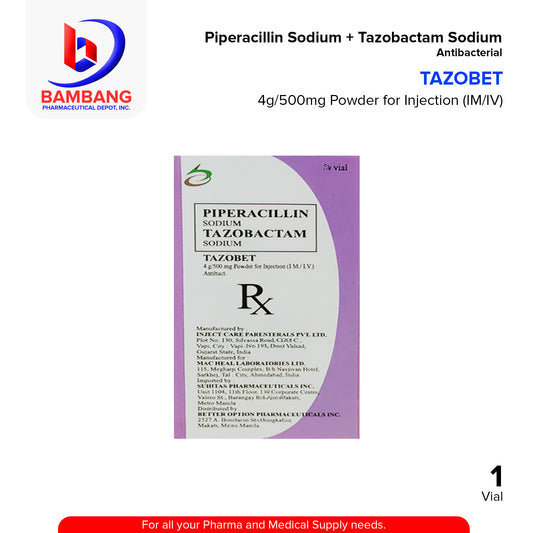 TAZOBET Piperacillin + Tazobactam 4g/500mg Powder for Injection (IM/IV) Antibacterial Vial 1's