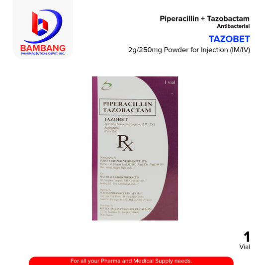 TAZOBET Piperacillin + Tazobactam 2g/250mg Powder for Injection (IM/IV) Antibacterial Vial 1's