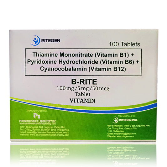 Thiamine Mononitrate Vit B1 + Pyridoxine Hydrochloride Vit B6 + Cyanocobalamin Vit B12 (B-RITE) 100mg /5mg/50mcg tablet 100's