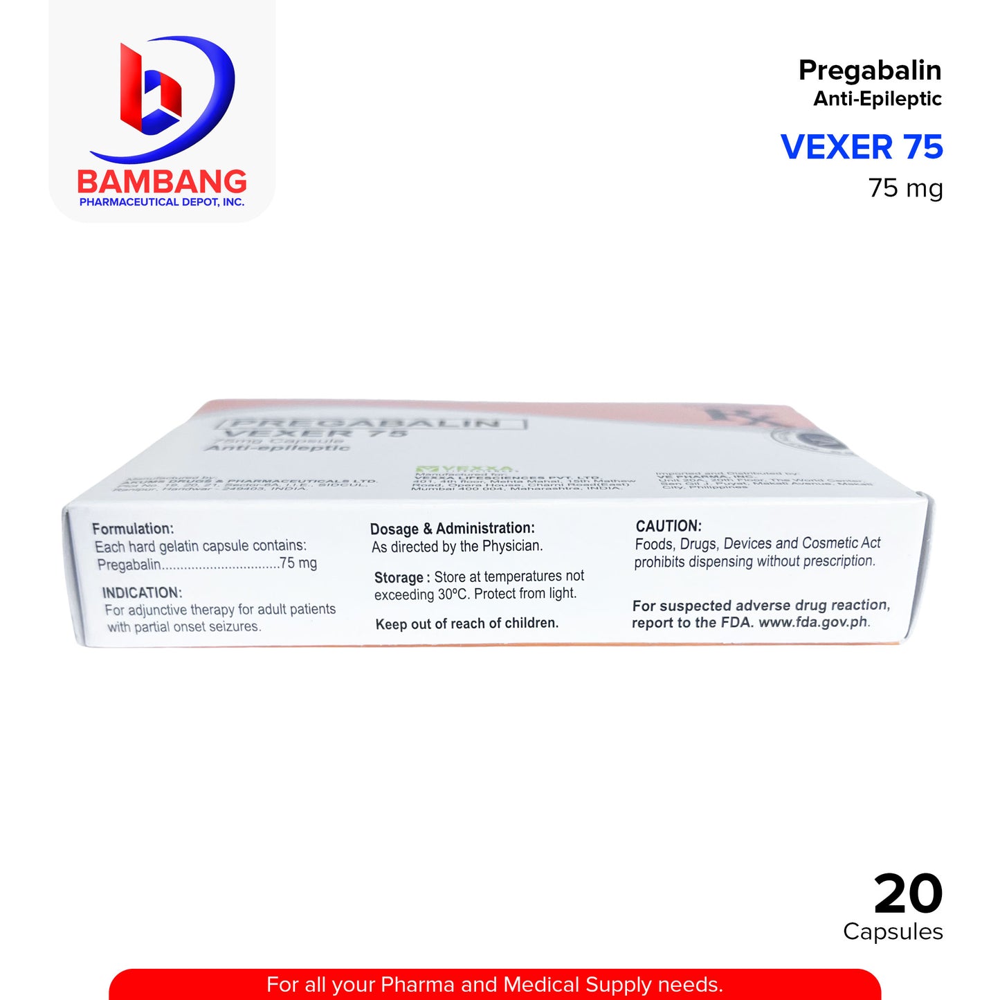 VEXER 75 Pregabalin Anti-Epileptic 75 mg Capsule 20's