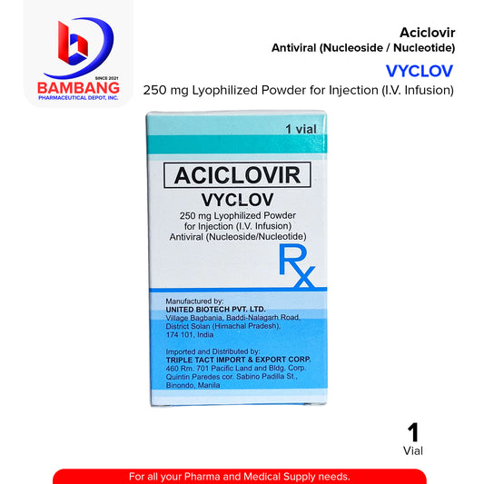 VYCLOV Aciclovir 250 mg Lyophilized Powder for Injection IV Infusion Antiviral Nucleoside / Nucleotide Vial 1's