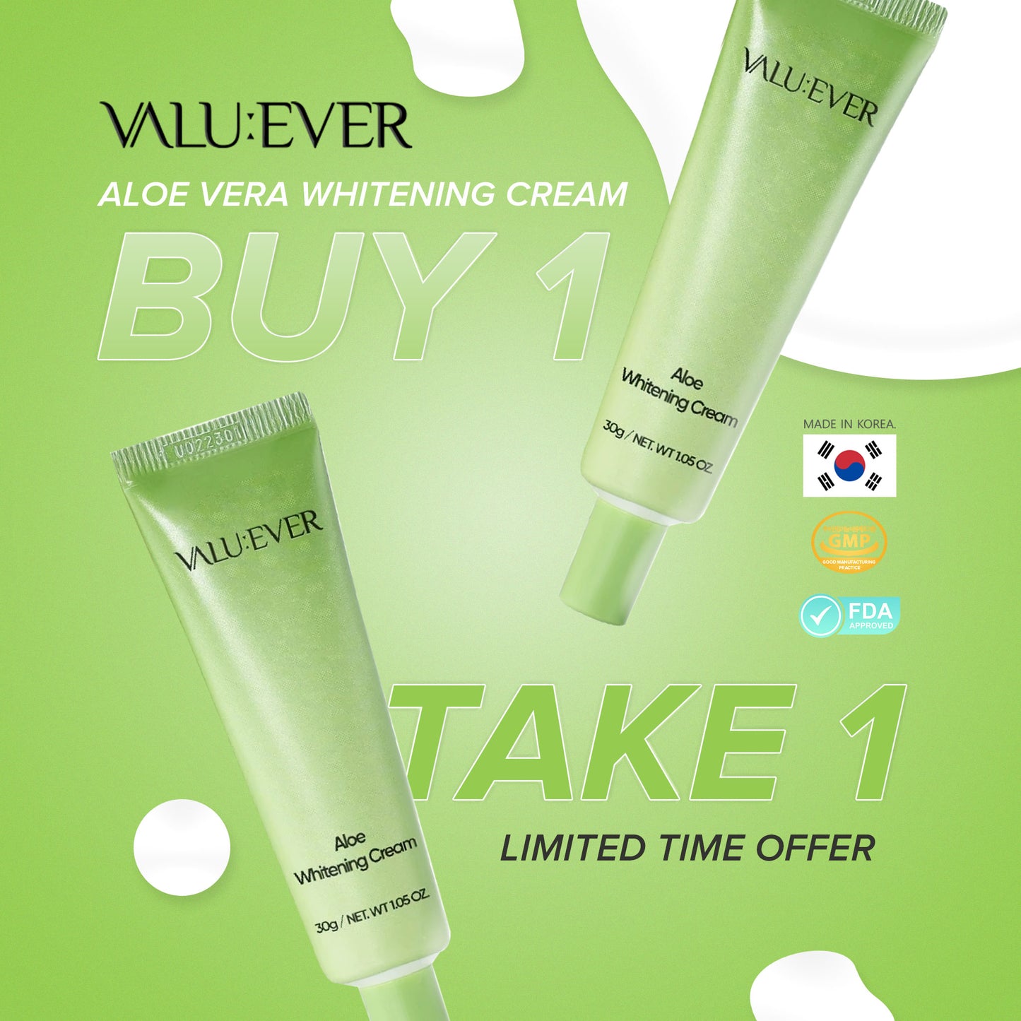 VALU:EVER Aloe Vera Whitening Face Cream 30g Deeply Moisturize Soothes Skin