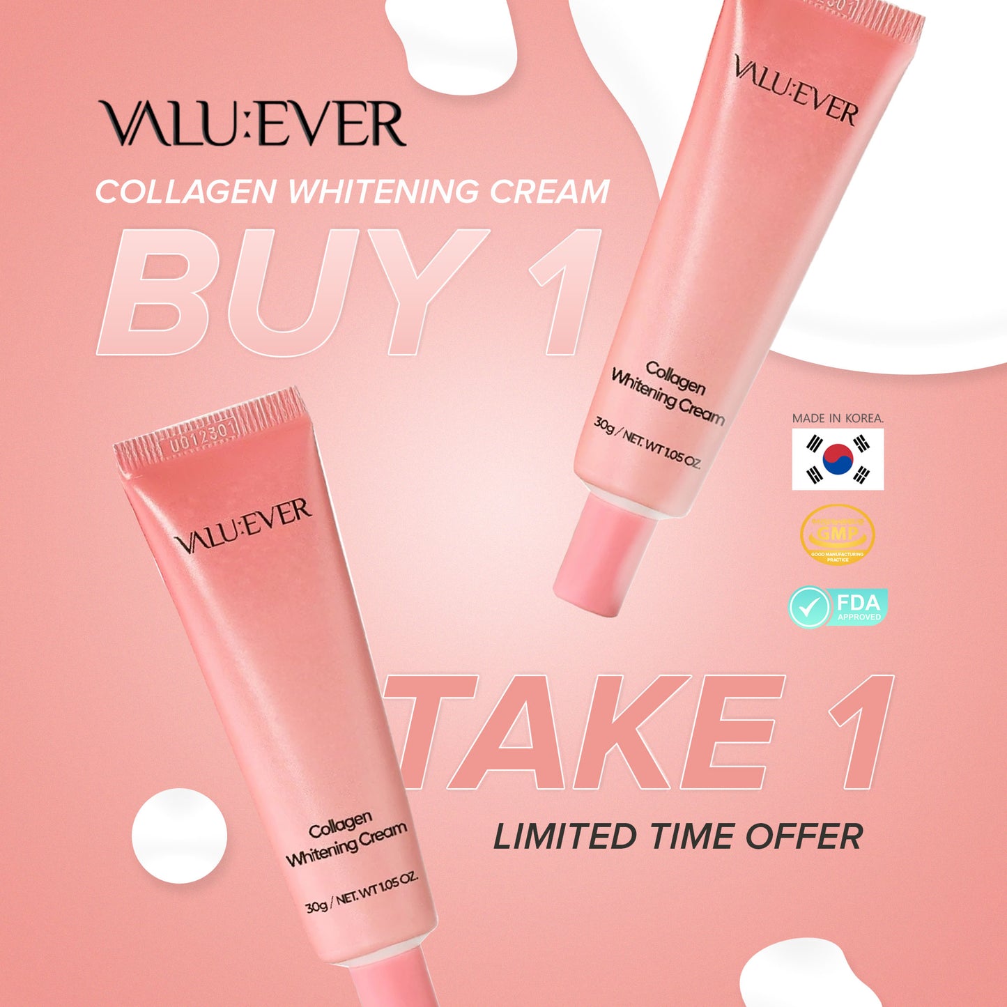 VALU:EVER Collagen Whitening Face Cream 30g Skin Revitalizing Made in Korea