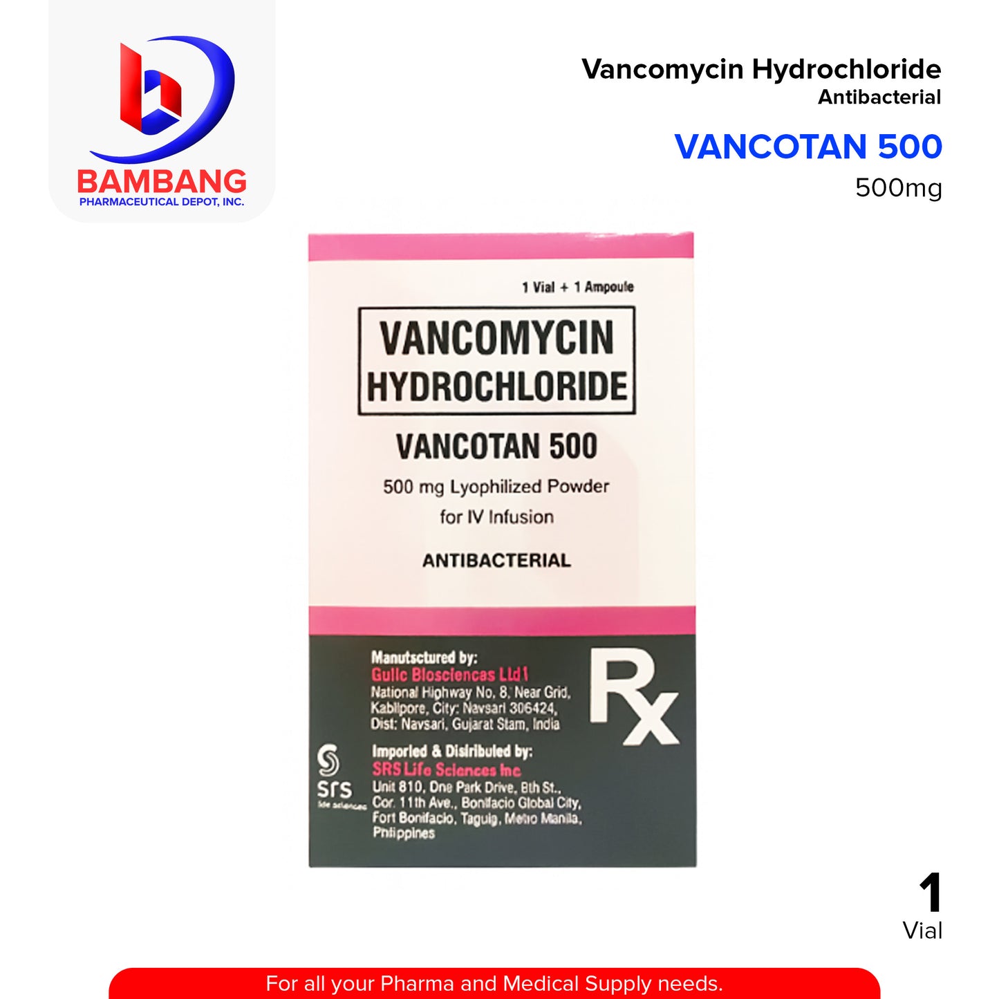 VANCOTAN 500 Vancomycin Hydrochloride 500mg Lyophilized Powder for IV Infusion Antibacterial 1 Vial + 1 Ampoule