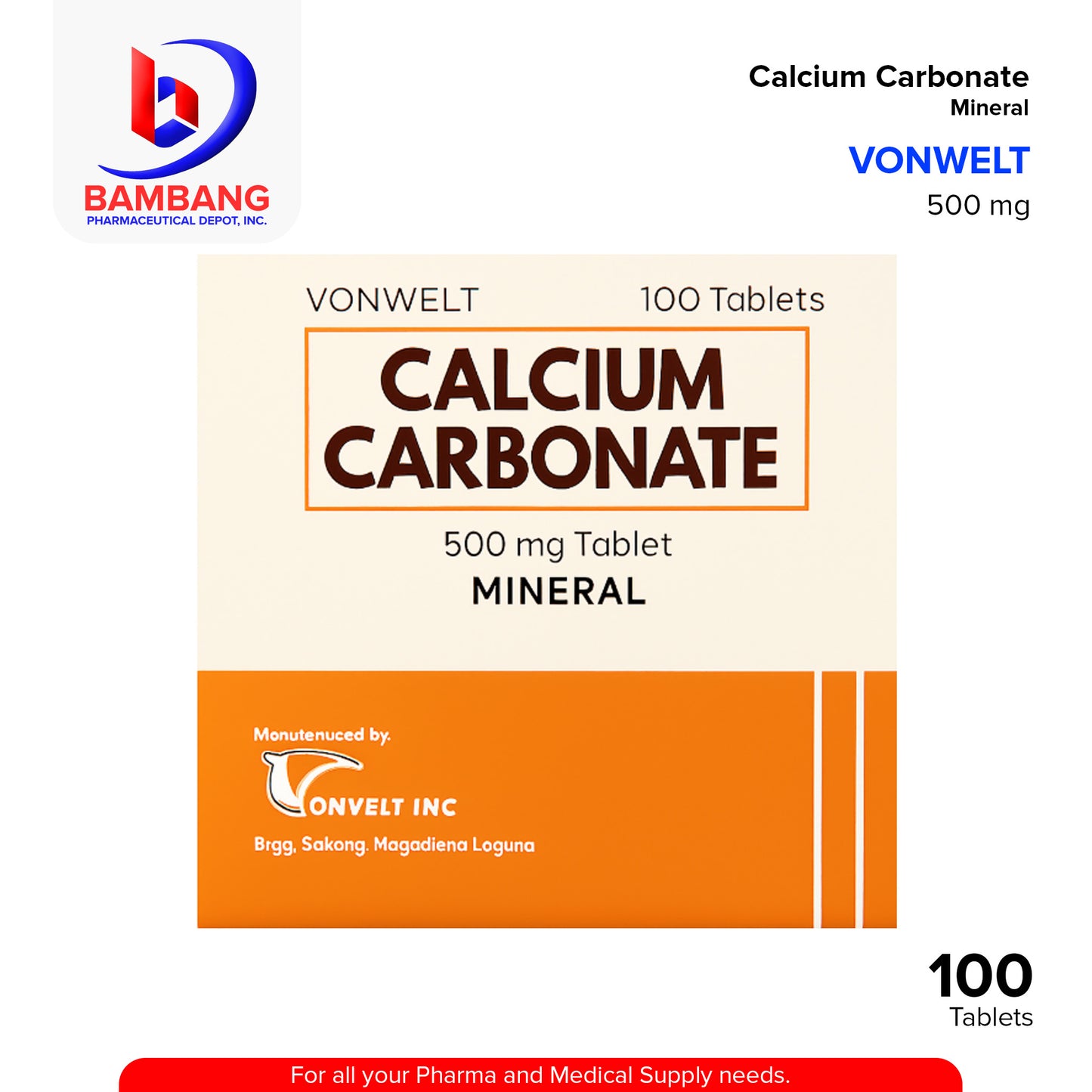 VONWELT Calcium Carbonate 500 Tablet 100's