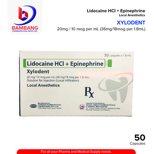 XYLODENT Lidocaine HCI + Epinephrine 20mg/10mcg per ml (36mg/18mcg per 1.8ml) Solution for Injection 50 Carpule x 1.8ml