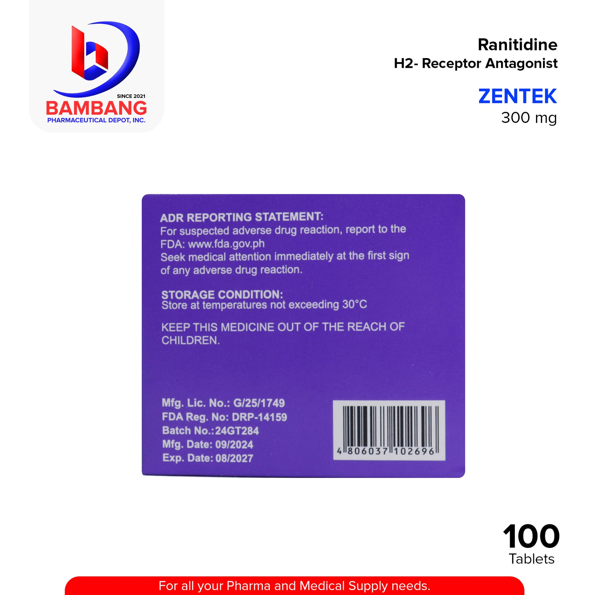 ZENTEK Ranitidine H2 Receptor Antagonist 300mg Tablet 100's