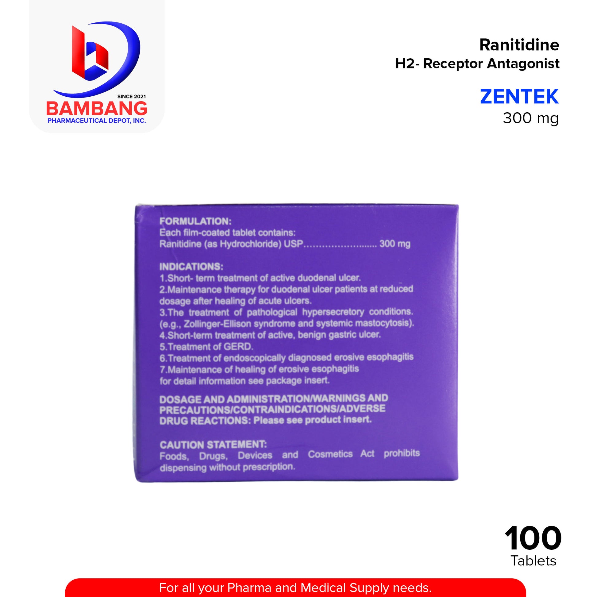 ZENTEK Ranitidine H2 Receptor Antagonist 300mg Tablet 100's