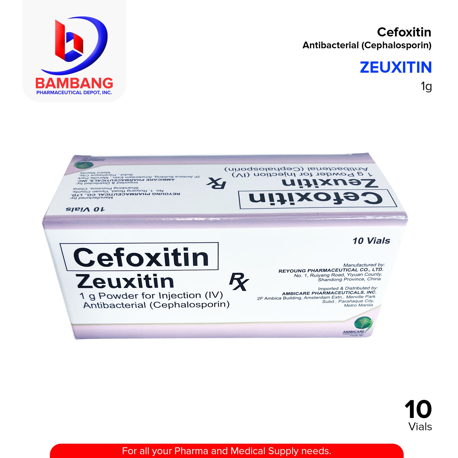 ZEUXITIN Cefoxitin Antibacterial 1g Powder for Injection IV Vials 10's