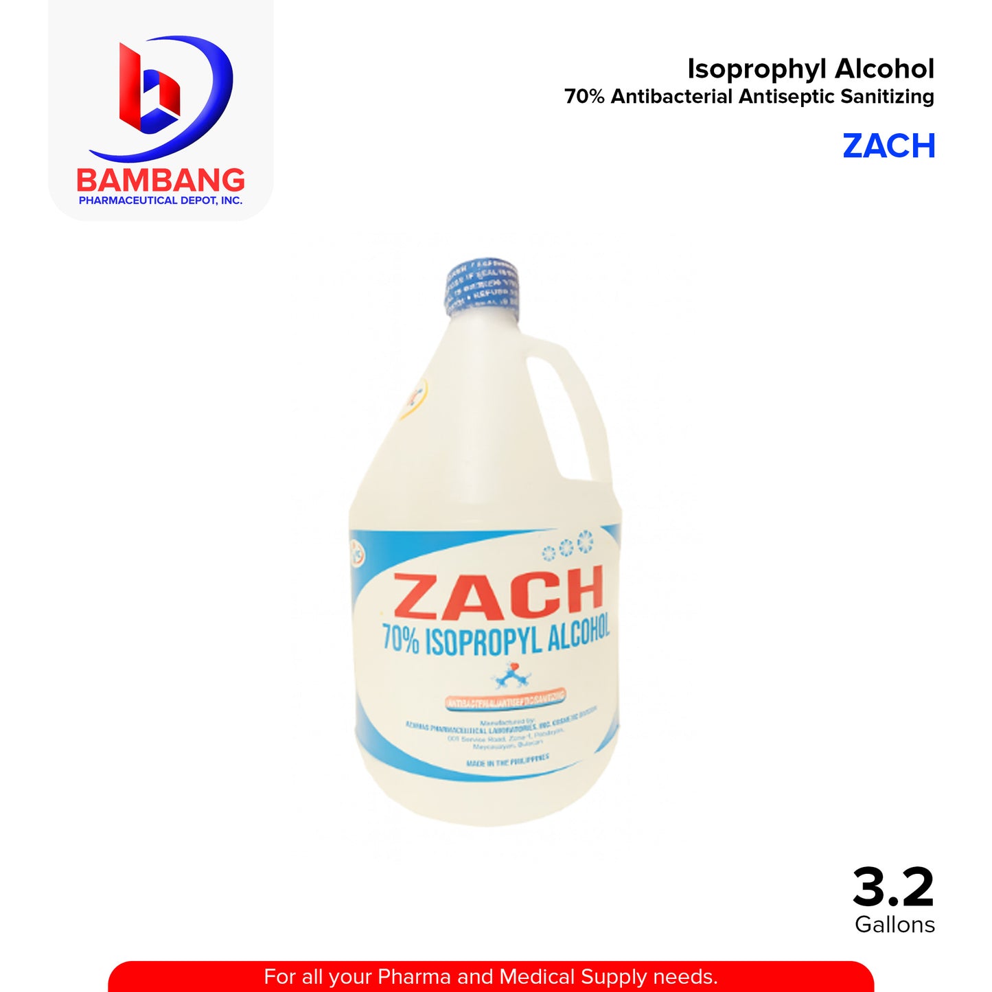ZACH Isoprophyl Alcohol 70% Antibacterial Antiseptic Sanitizing 3.2 Gallon 1's