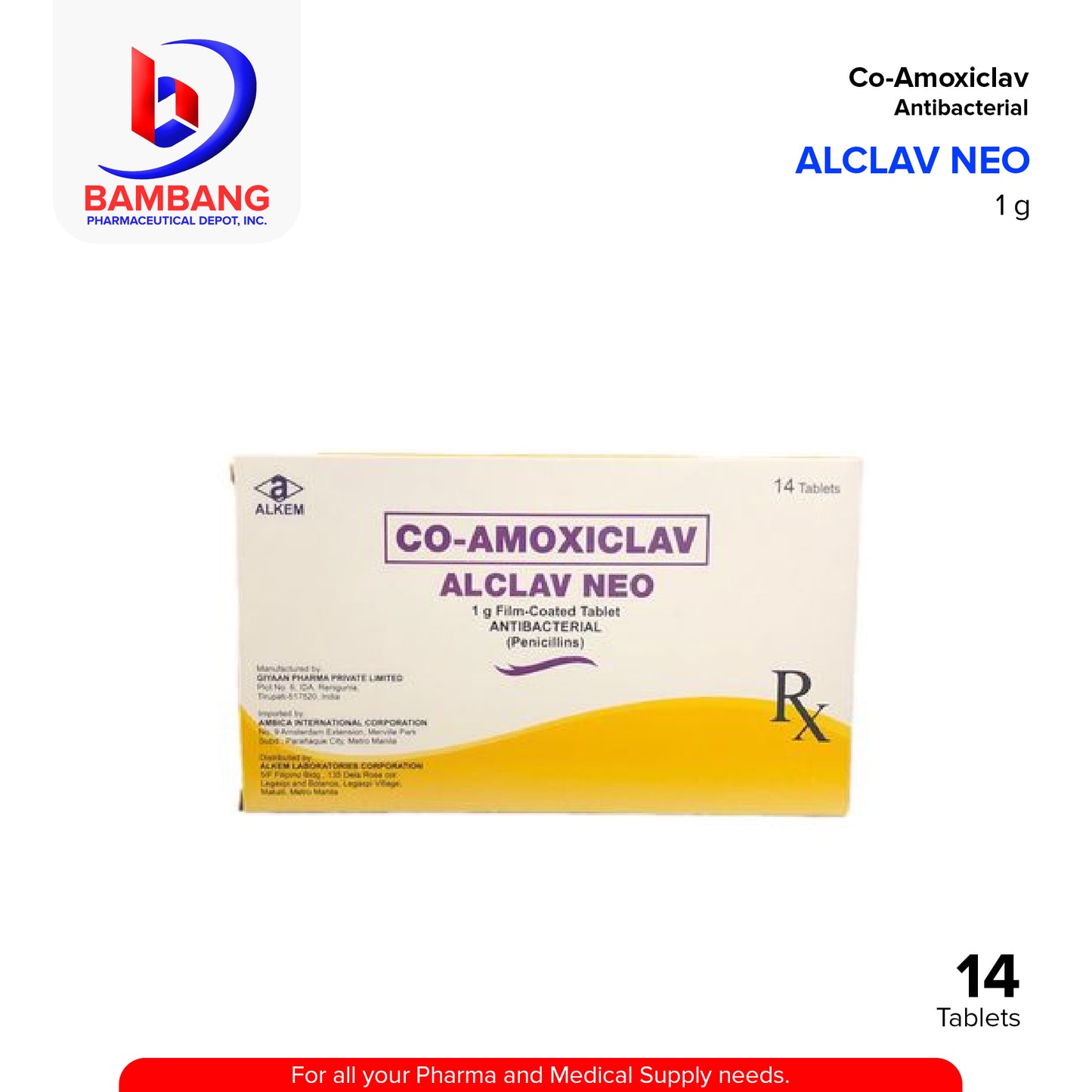 ALCLAV NEO Co Amoxiclav 1g Anti Bacterial Film Coated Tablet 14's