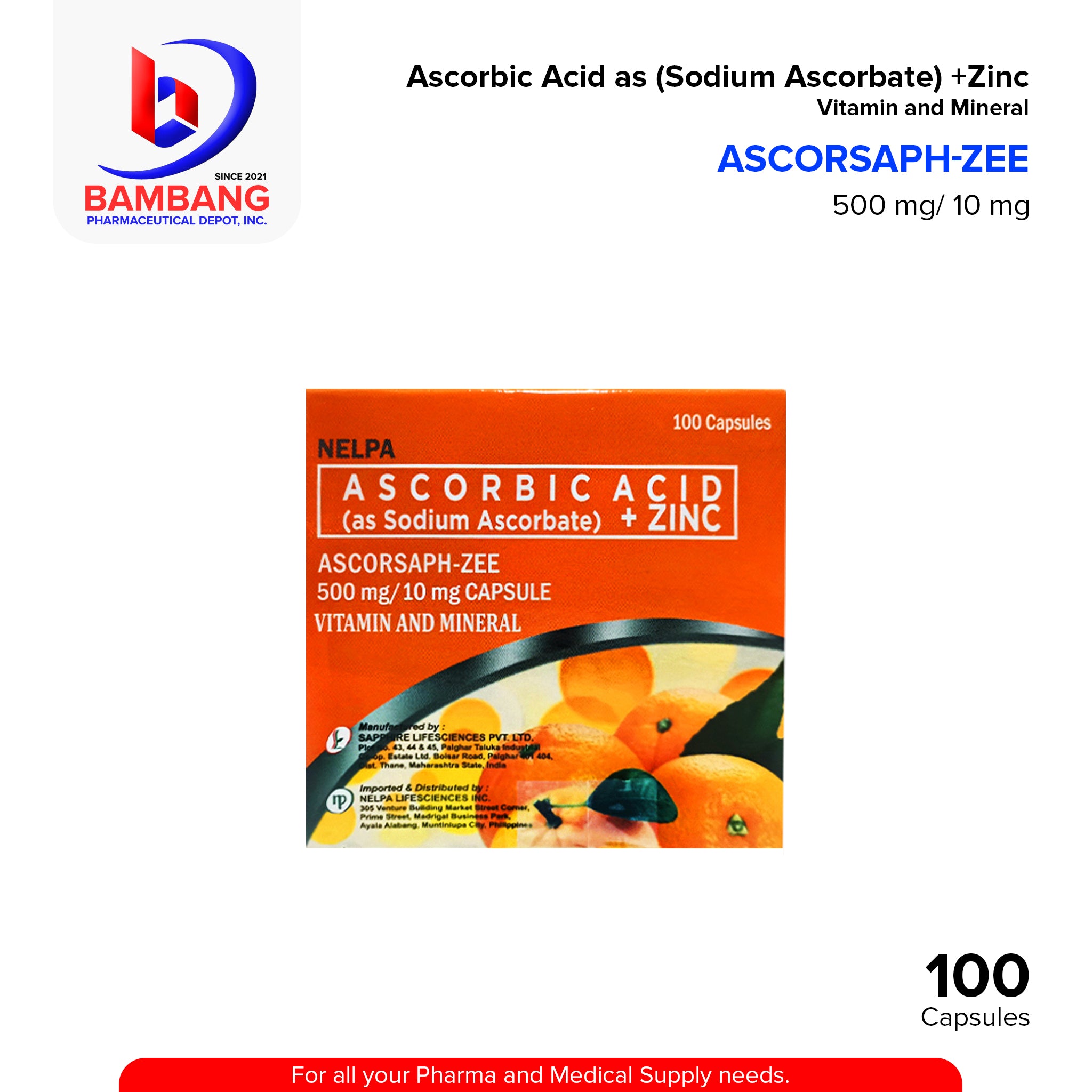 ASCORSAPH ZEE Ascorbic Acid + Zinc 500mg/10mg Capsule 100's – Bambang ...