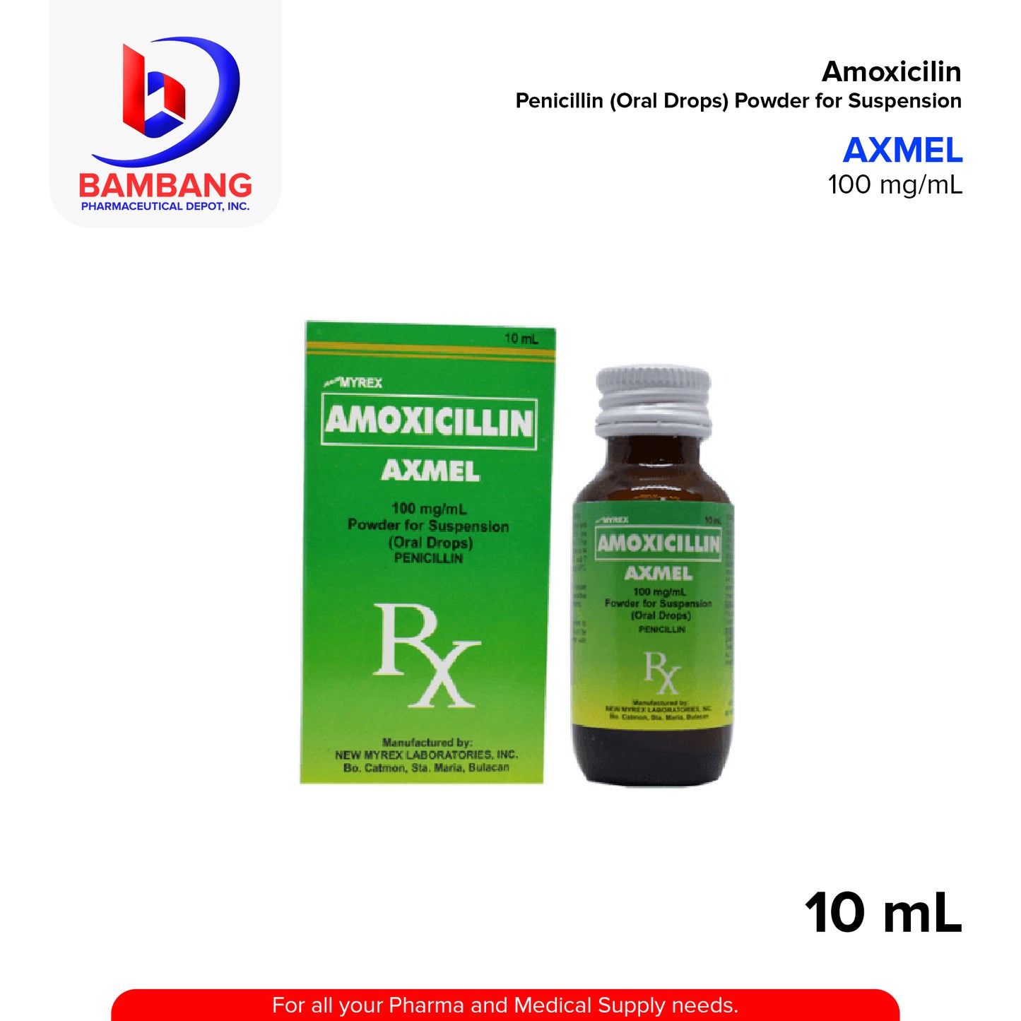 AXMEL Amoxicillin 100mg/ml Powder for Suspension Penicillin Anti Bacterial (Oral Drops) 10ml
