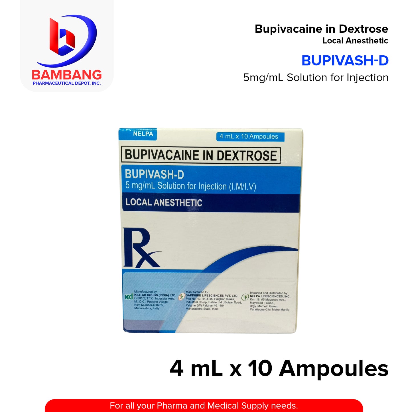 BUPIVASH-D Bupivacaine in Dextrose Local Anesthetic 5mg/mL Solution for Injection 10'S