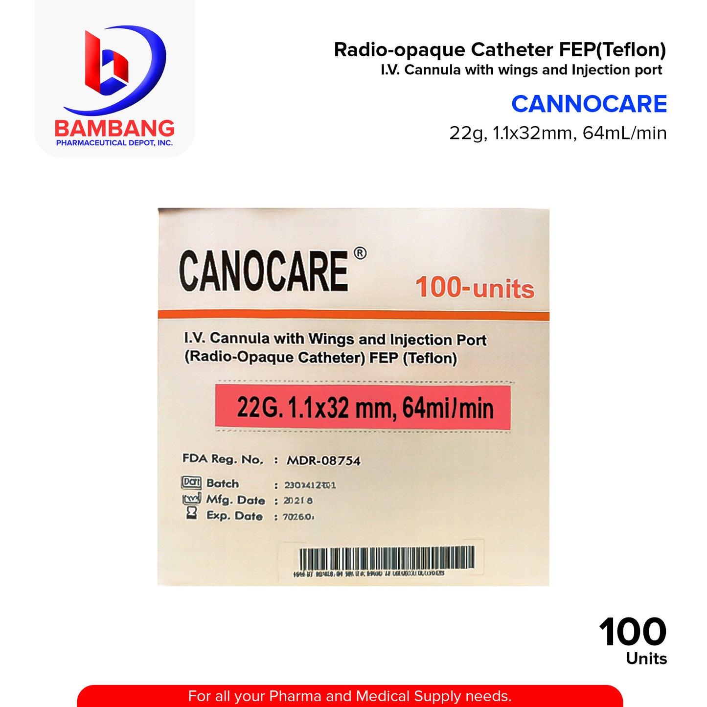 CANOCARE IV Cannula with Wings and Injection Port Radio Opaque Catheter 1.1x32mm Flowrate 60ml/min 20G 100's