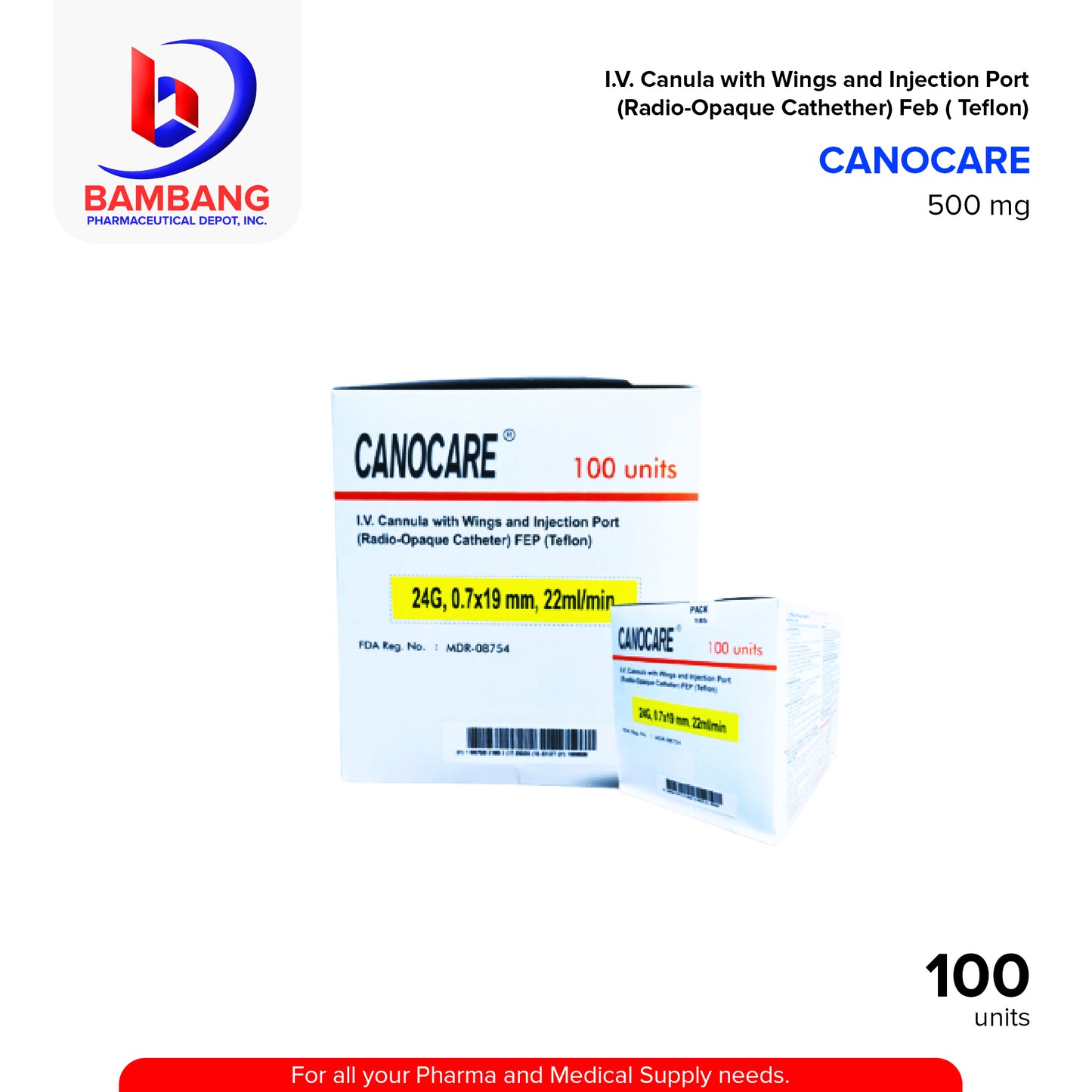 IV Cannula with Wings and Injection Port (Canocare) Radio Opaque Catheter 0.7x19mm Flowrate 20ml/min 24G 100's