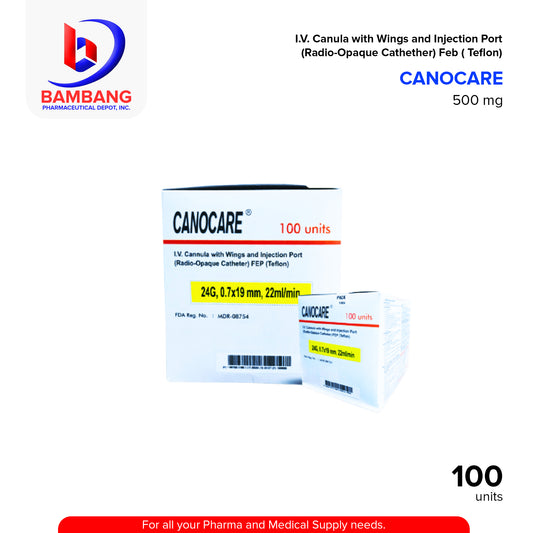 IV Cannula with Wings and Injection Port (Canocare) Radio Opaque Catheter 0.7x19mm Flowrate 20ml/min 24G 100's