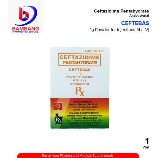 CEFTEBAS Ceftazidime Pentahydrate 1g Powder For Injection (I.M/I.V) Diluent Vial 1's