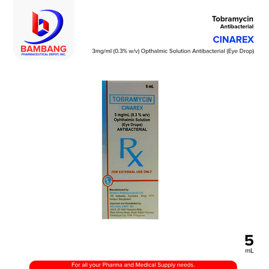 CINAREX Tobramycin 3mg/ml (0.3% w/v) Opthalmic Solution Antibacterial (Eye Drop) 5ml