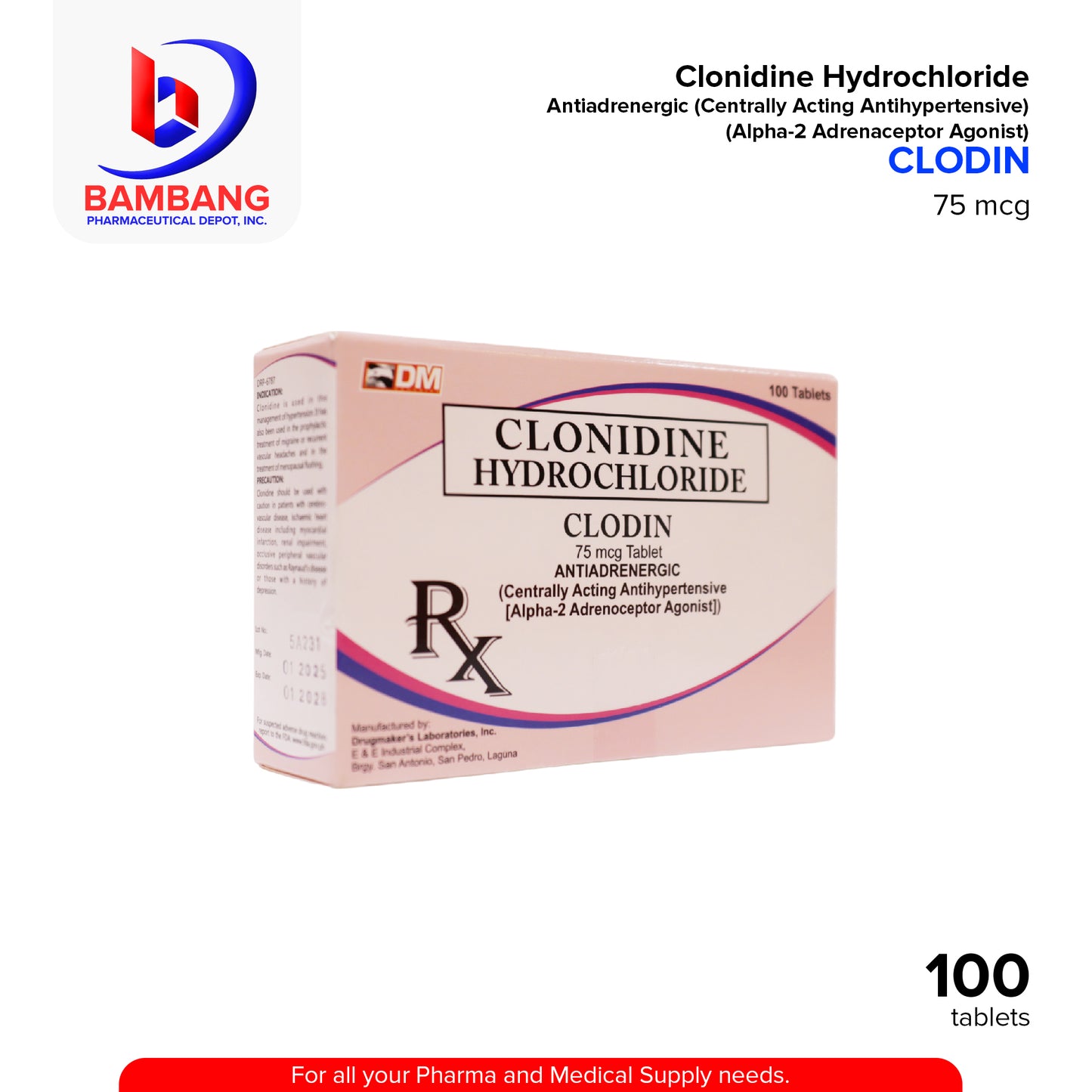 CLODIN Clonidine Hydrochloride Antihypertensive 150mcg Tablet 100's