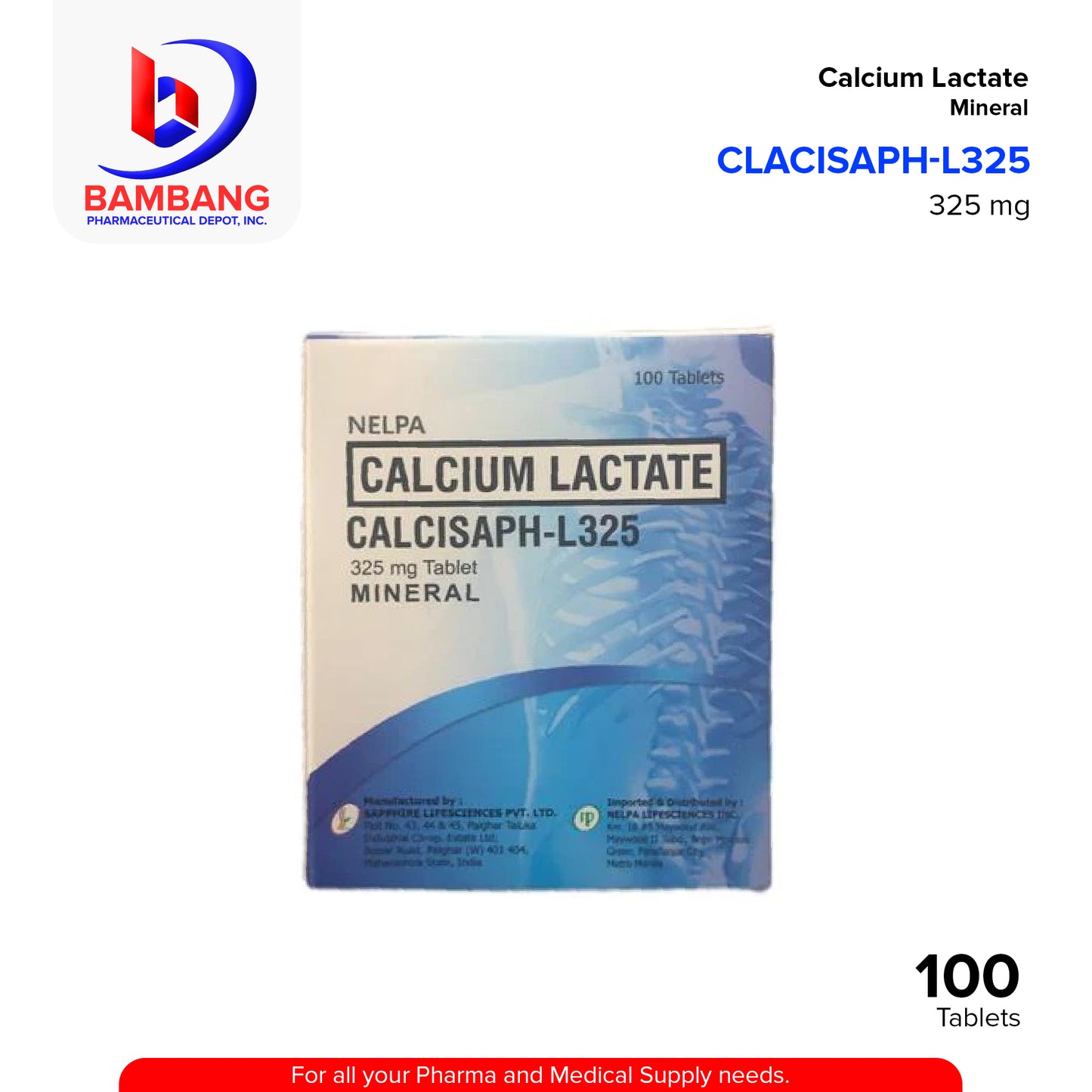 CALCISAPH-L325 Calcium Lactate 325mg Tablet 100's