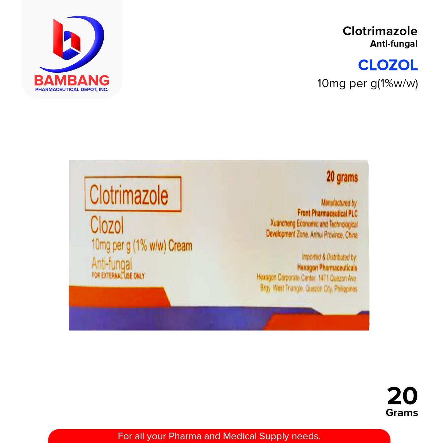CLOZOL Clotrimazole 10mg per g (1% w/w) Cream Anti Fungal 20 Grams