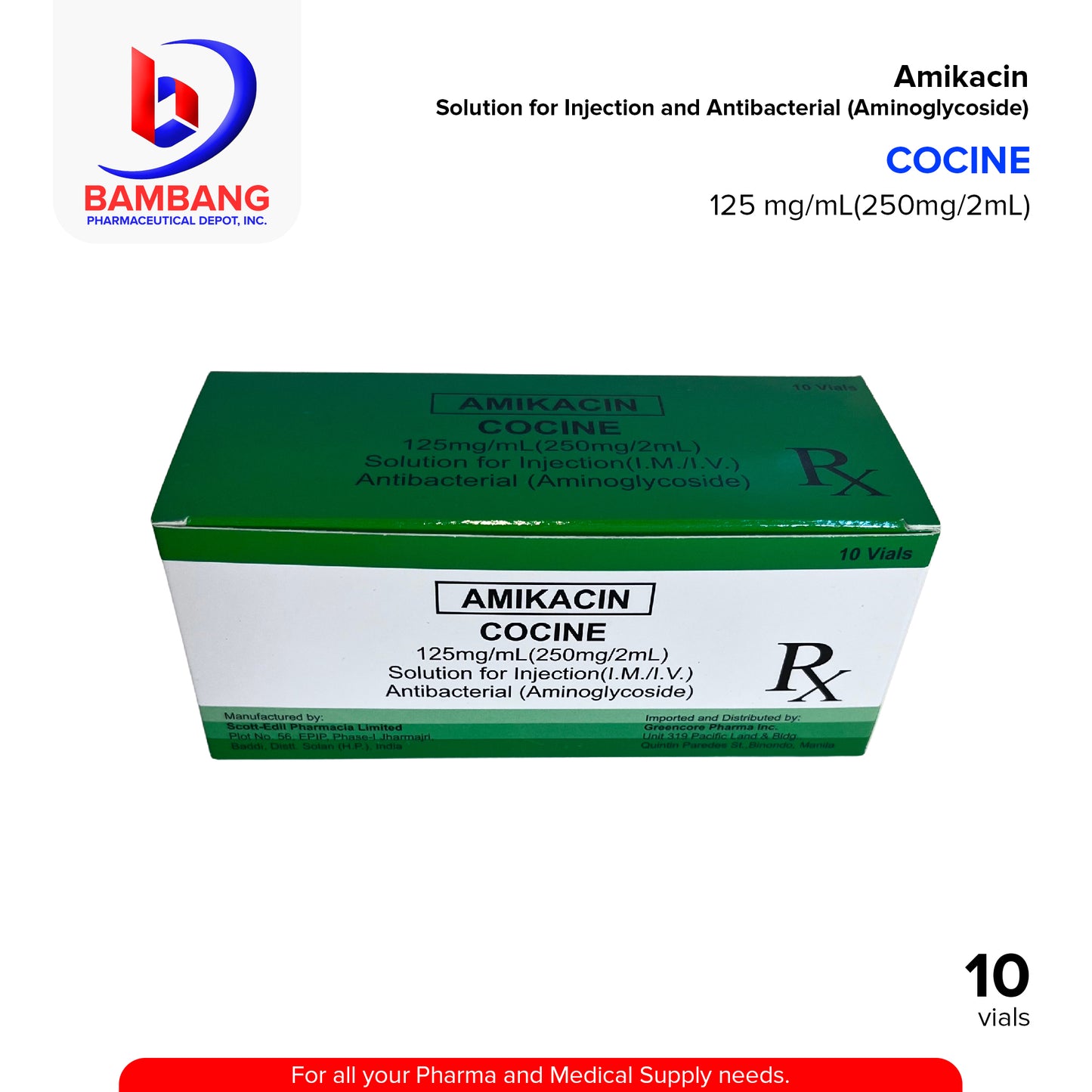 COCINE Amikacin 125mg/ml (250mg/2ml) Solution for Injection Antibacterial (I.M / I.V) Vial 1's