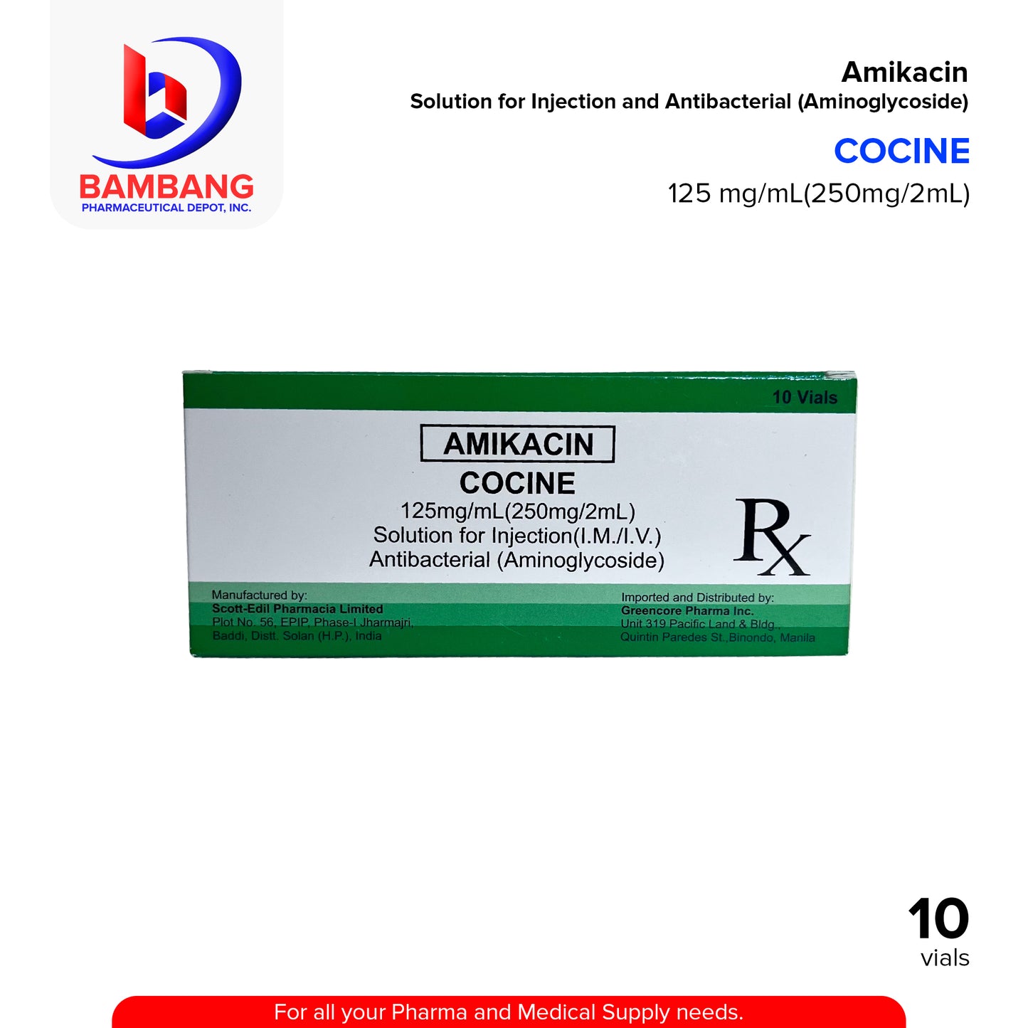 COCINE Amikacin 125mg/ml (250mg/2ml) Solution for Injection Antibacterial (I.M / I.V) Vial 1's