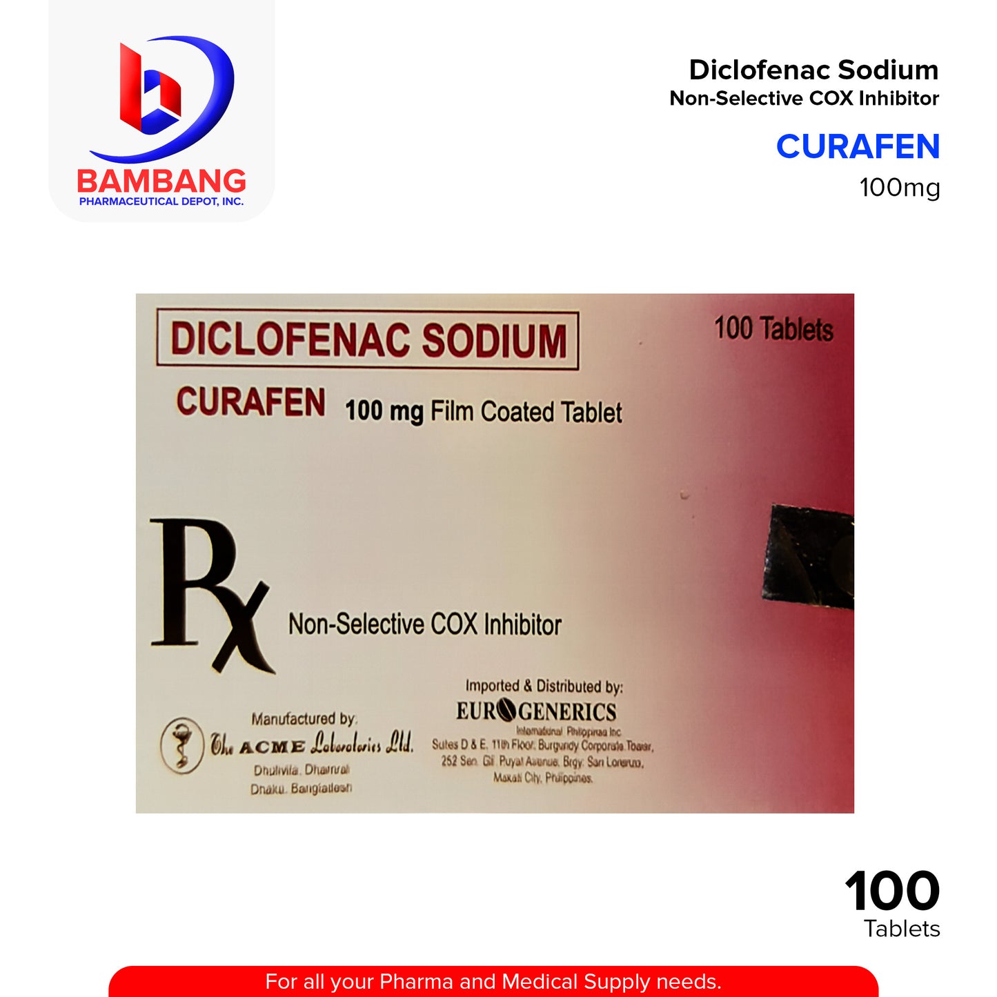 CURAFEN Diclofenac Sodium 100mg Film Coated Non Selective COX Inhibitor Tablet 100's