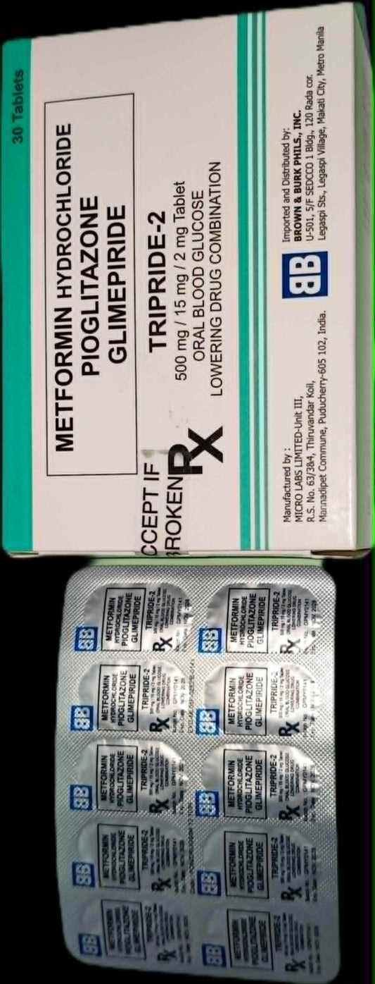 TRIPRIDE-2 Metformin Hydrochloride Pioglitazone Glimepiride 500mg/15mg/2mg Tablet 30's