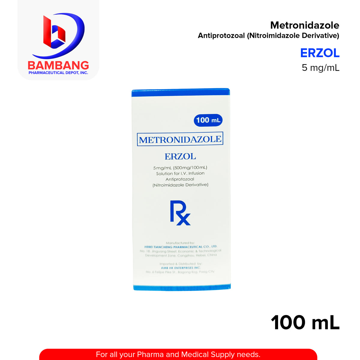 ERZOL Metronidazole 5mg/ml 500mgx100ml Solution for I.V. Infusion 100m ...