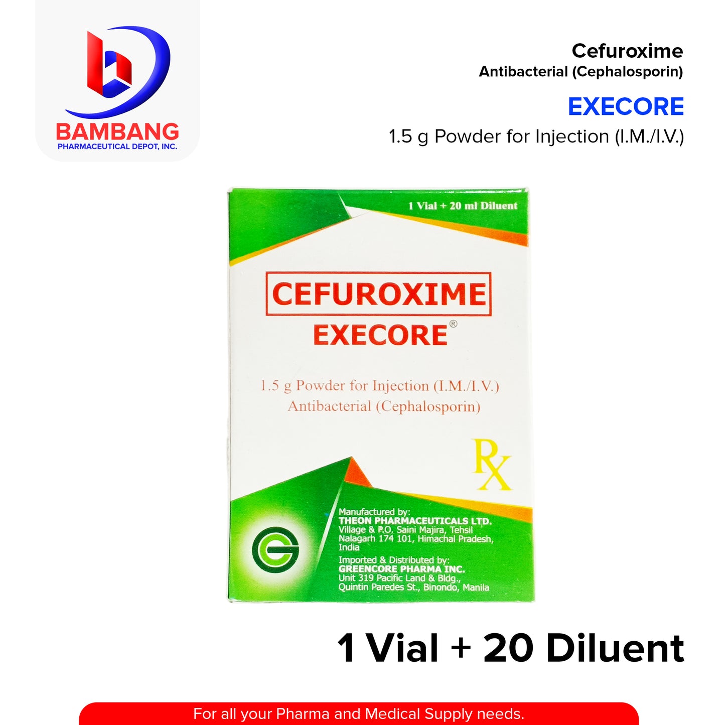 EXECORE Cefuroxime Antibacterial (Cephalosporin) 1.5 g Powder for Injection (I.M./I.V.) 1 Vial + 20 Diluent
