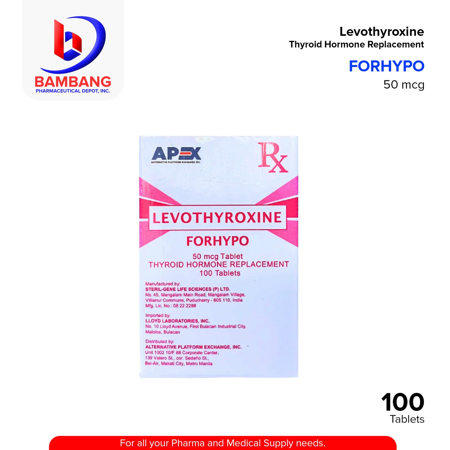 FORHYPO Levothyroxine Thyroid Hormone Replacement 50 mcg Tablet 100's