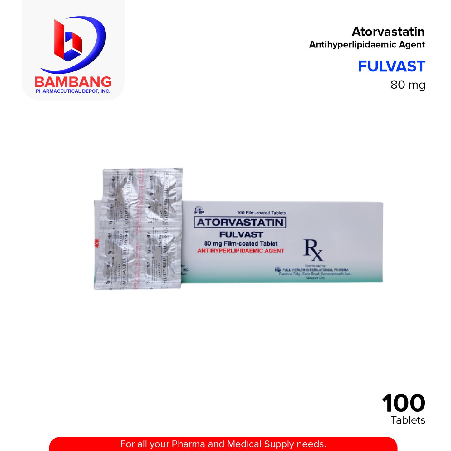 Atorvastatin (Fulvast) 80mg Film Coated Tablet 100's