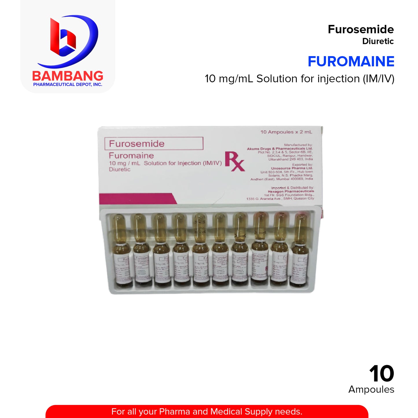 Furosemide (Furomaine) 10mg/ml Solution for Injection IM.IV. Diuretic 2ml X Ampoules 10's