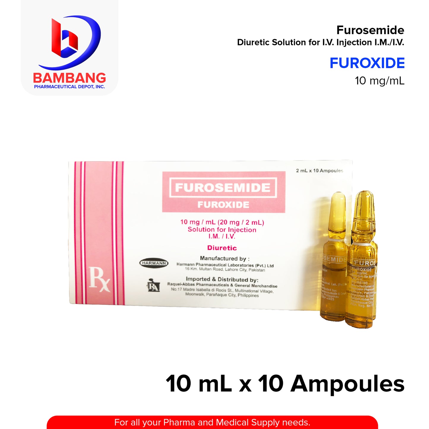 FUROXIDE Furosemide 10mg/ml (20mg/2ml) Solution for Injection (IM/IV) 2ml x 10 Ampoules