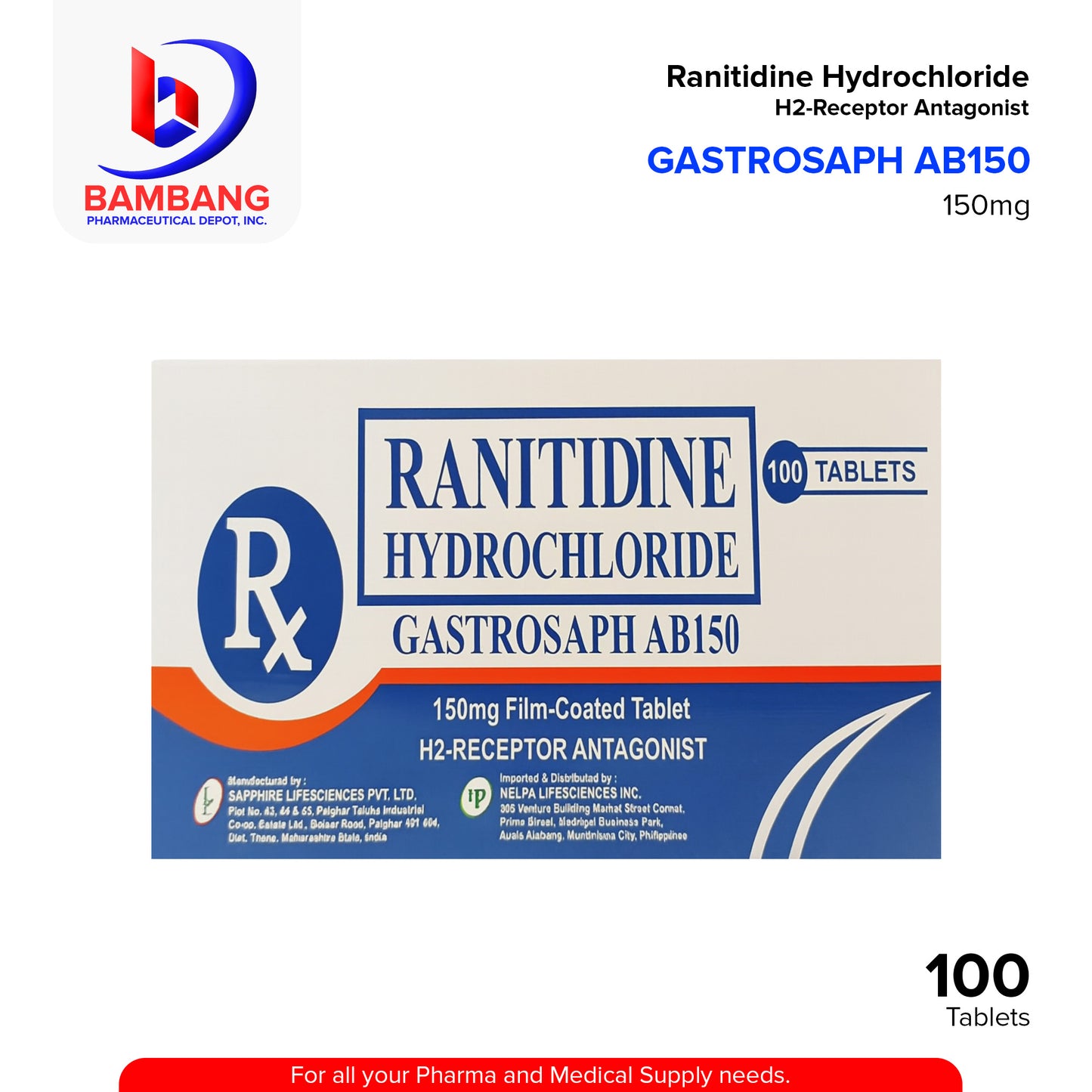 GASTROSAPH AB150 Ranitidine Hydrochloride 150mg Film Coated Tablet 100's