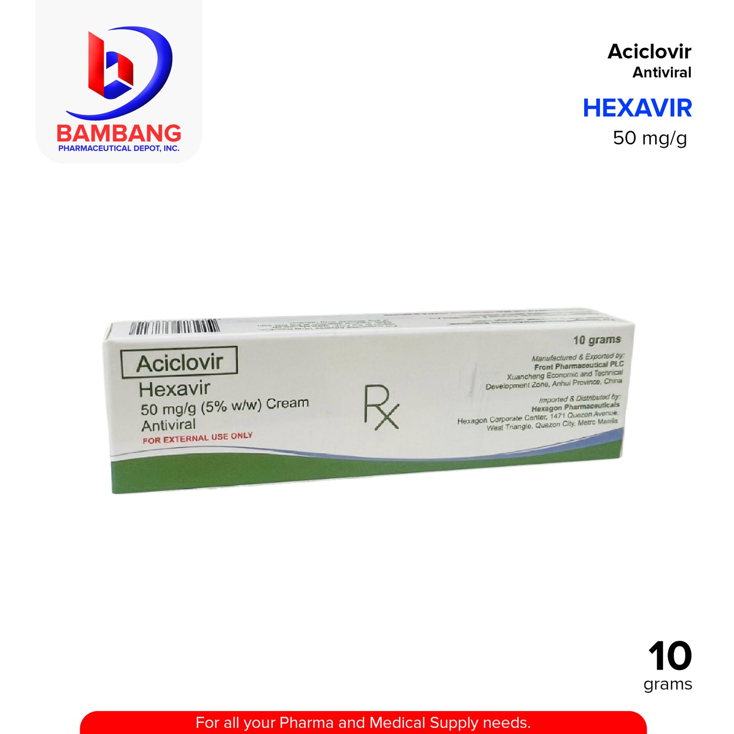 HEXAVIR Aciclovir 50mg/g (5% w/w) Antiviral Cream 10g