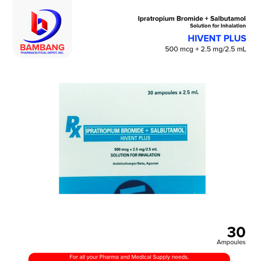 HIVENT PLUS Ipratropium Bromide + Salbutamol 500mcg + 2.5mg/2.5mL Solution For Inhalation Ampoules 30's