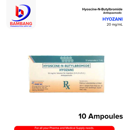 HYOZANI Hyoscine N Butylbromide 20mg/ml Solution For Injection (I.M/I.V/S.C) Antispasmodic 1ml x Ampoules 10's