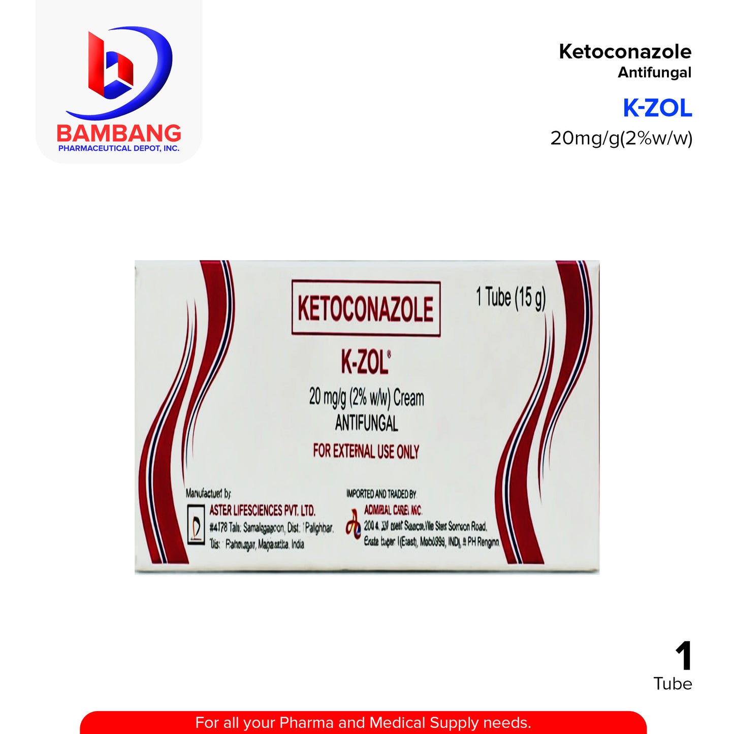 K-ZOL Ketoconazole 20mg/g (2% w/w) Antifungal Cream 15g