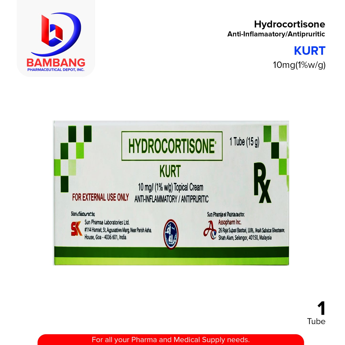 KURT Hydrocortisone 10mg/g (1% w/w) Topical Cream Tube 1's 15g