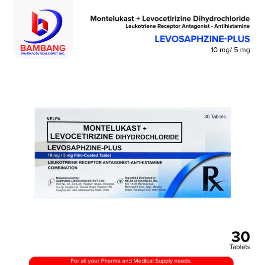 LEVOSAPHZINE-PLUS Montelukast + Levocetirizine Dihydrochloride 10mg/5mg Film Coated Tablet 30's