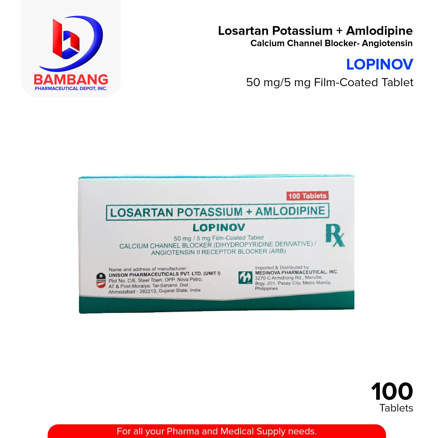 Losartan Potassium + Amlodipine (Lopinov) 50mg/5mg Film Coated Tablet