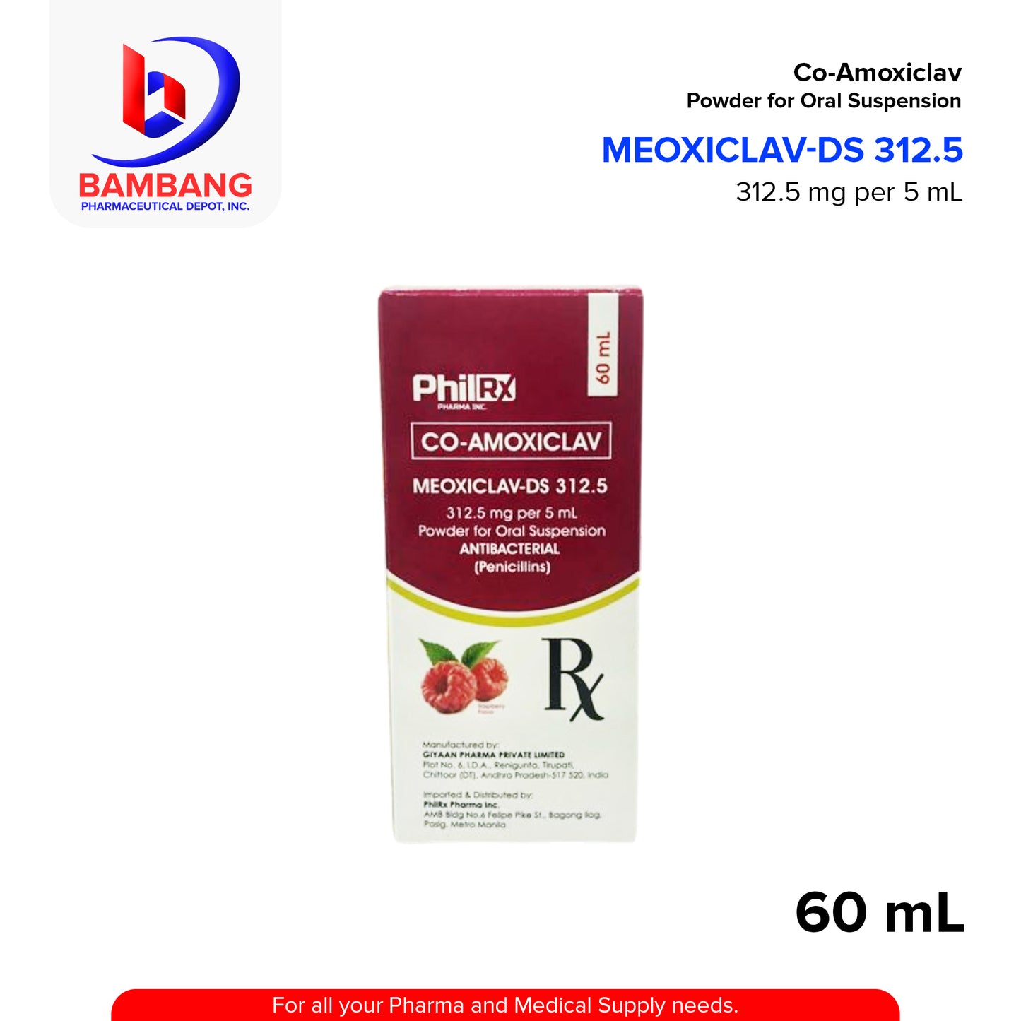 MEOXICLAV-DS Co Amoxiclav 312.5mg Per 5ml Powder for Oral Suspension 60ml