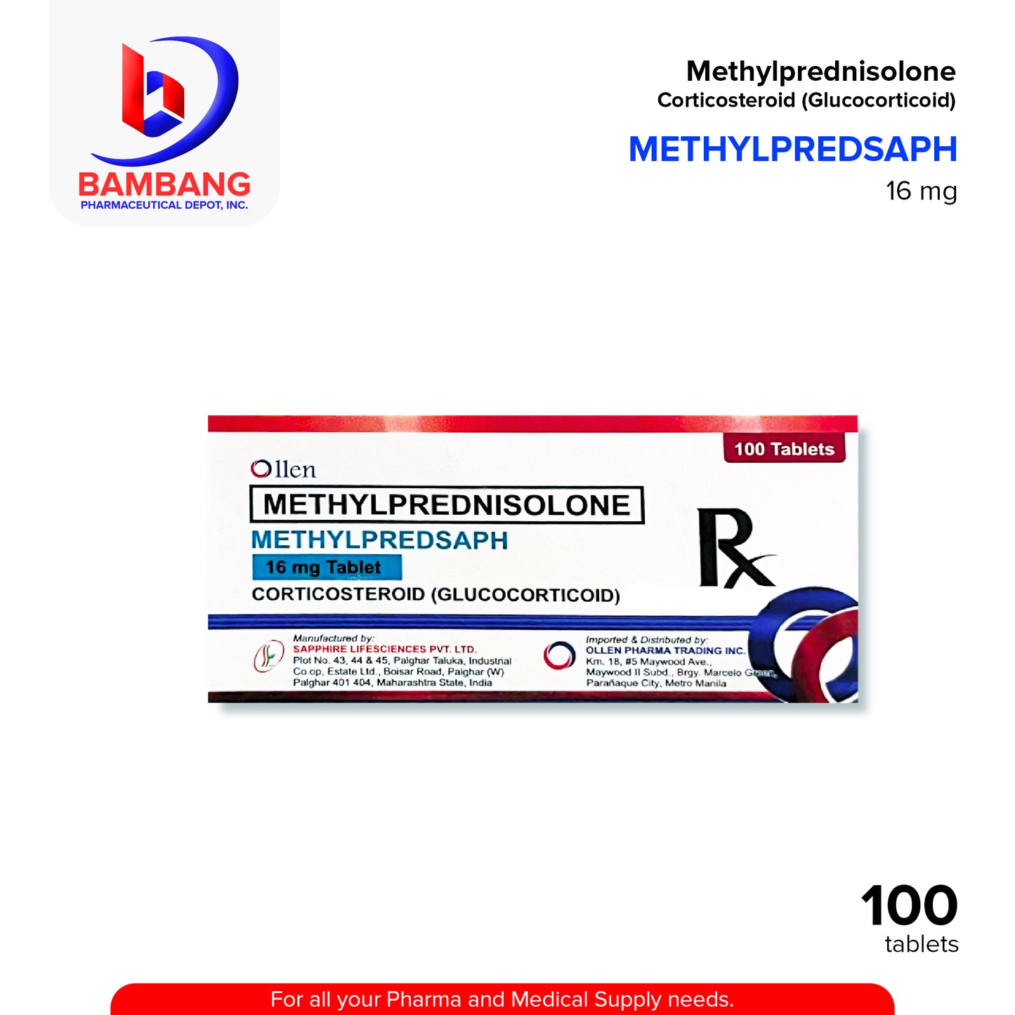 METHYLPREDSAPH Methylprednisolone 16mg Tablet 100's