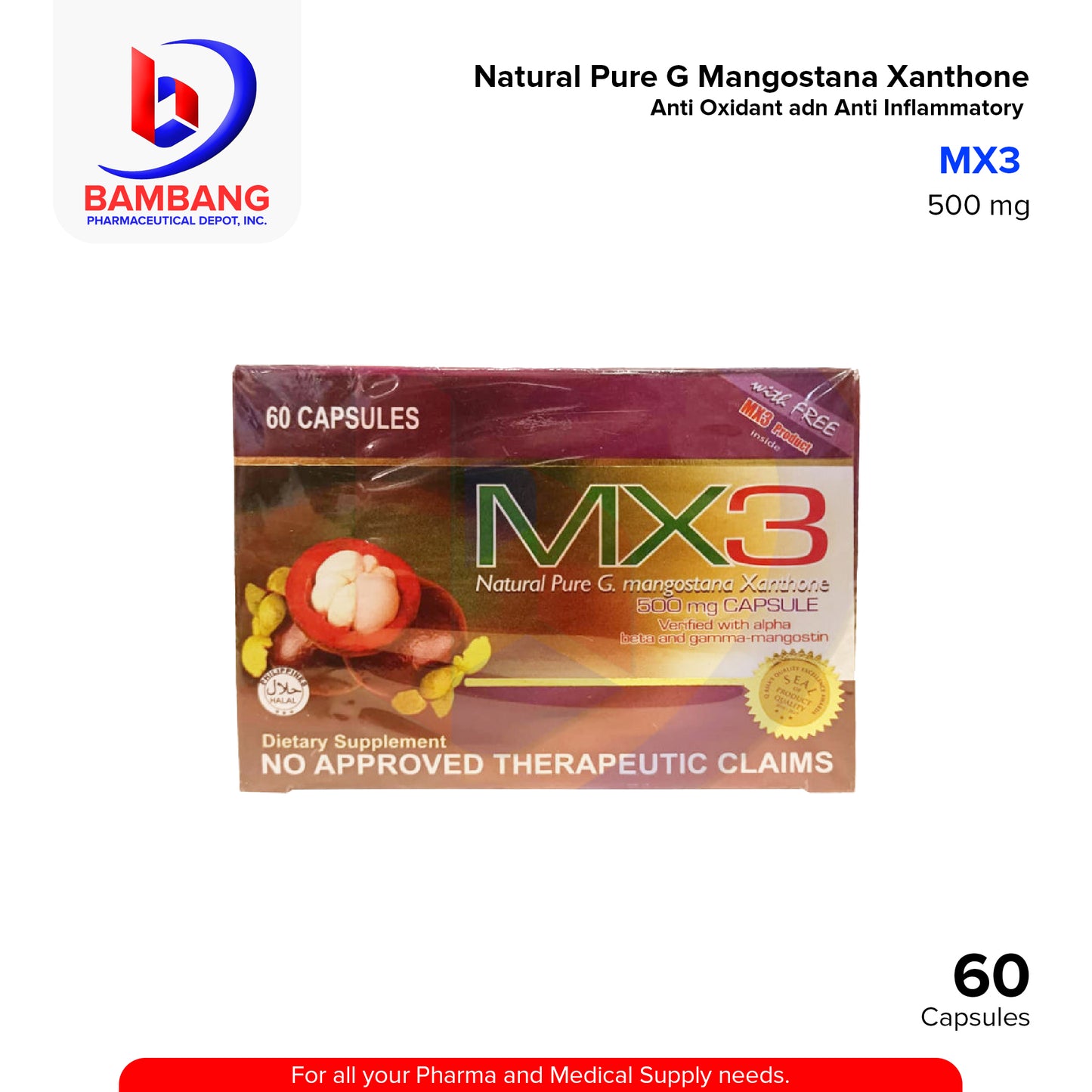 MX3 Natural Pure G Mangostana Xanthone 500mg Beta Gamma Mangostin Capsules 60's