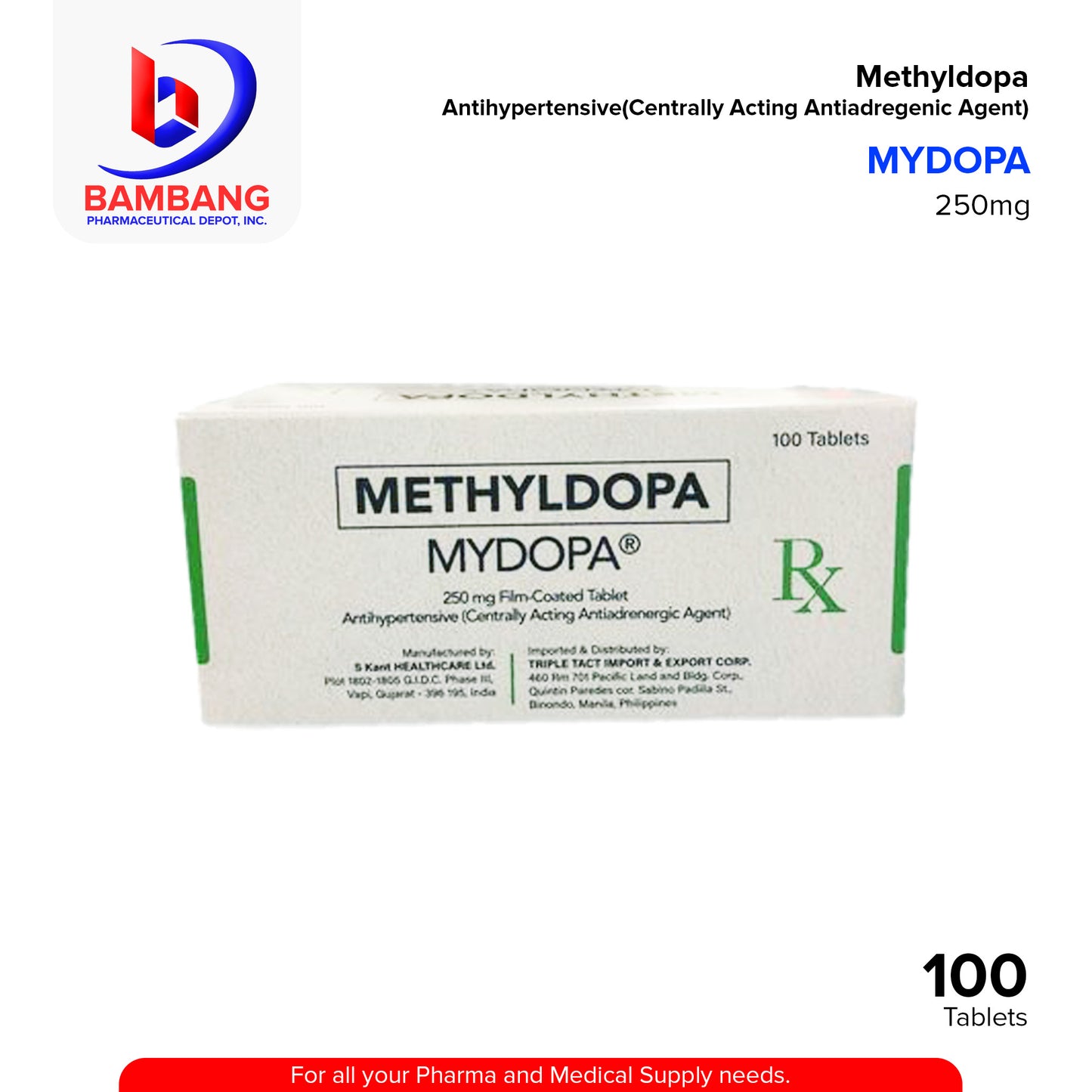 MYDOPA Methyldopa 250mg Film Coated Tablet 100's