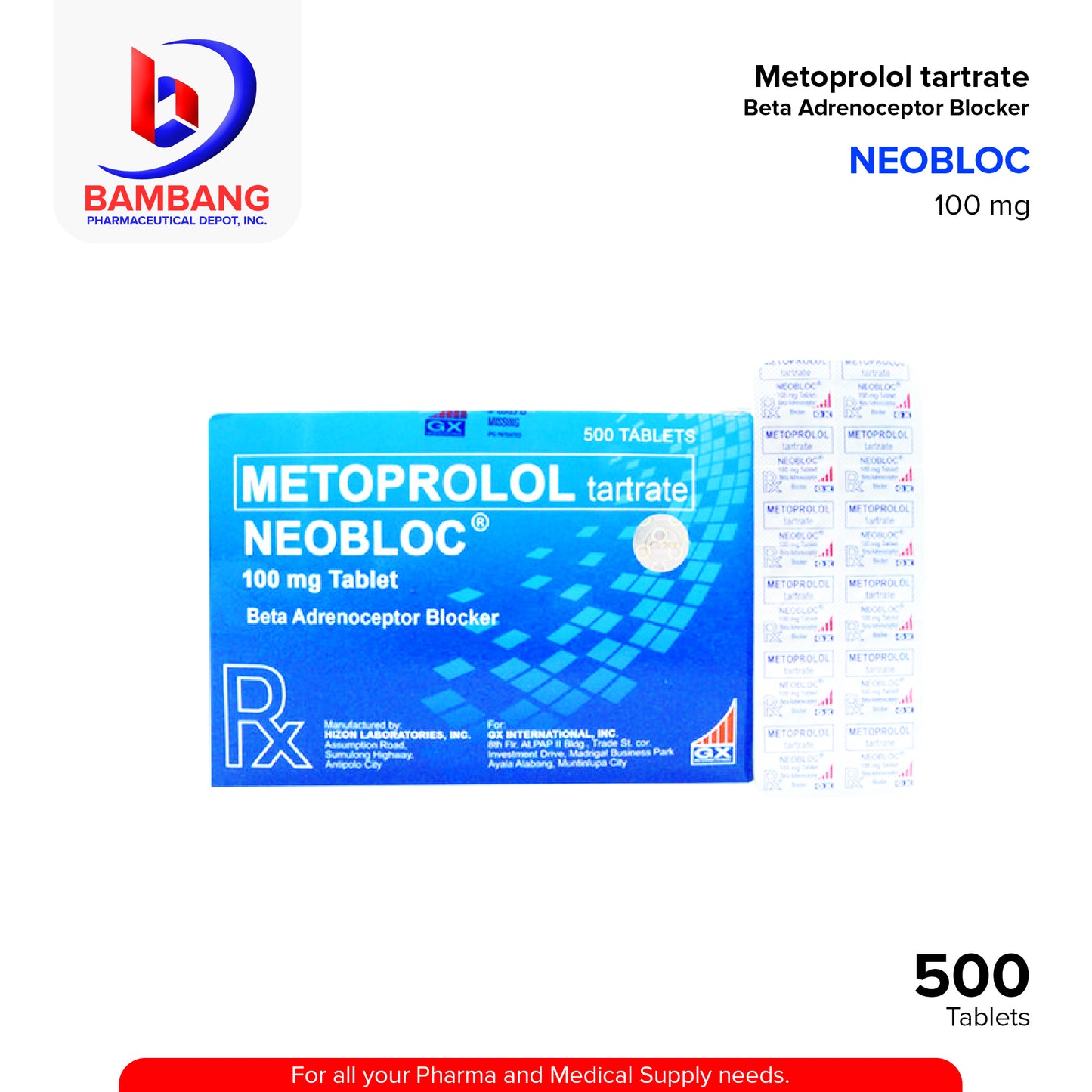 Metoprolol Tartrate (Neobloc) 50mg Beta Adrenoceptor Blocker Tablet 100's